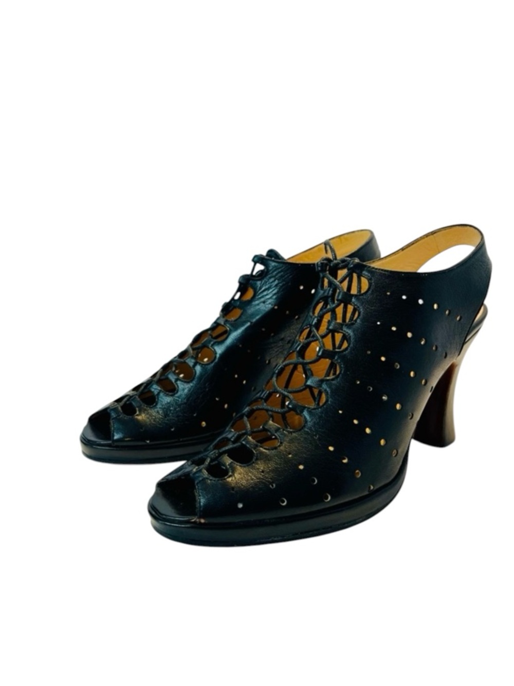 MAUD FRIZON Black Lace-Up Peep-Toe Heeled Sandals Sz 7.5